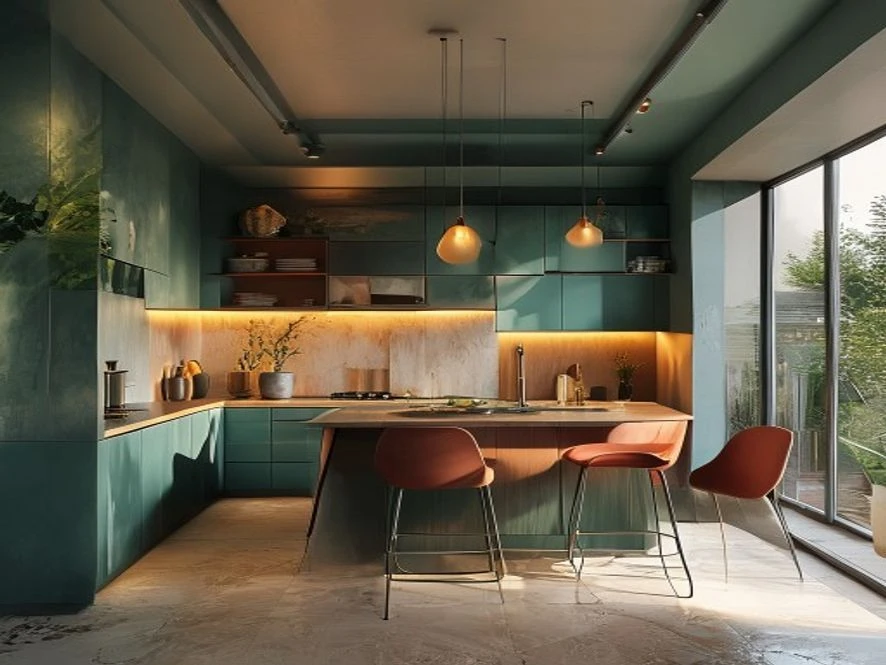 Phòng bếp 20m2 với màu sắc hài hòa tạo điểm nhấn
