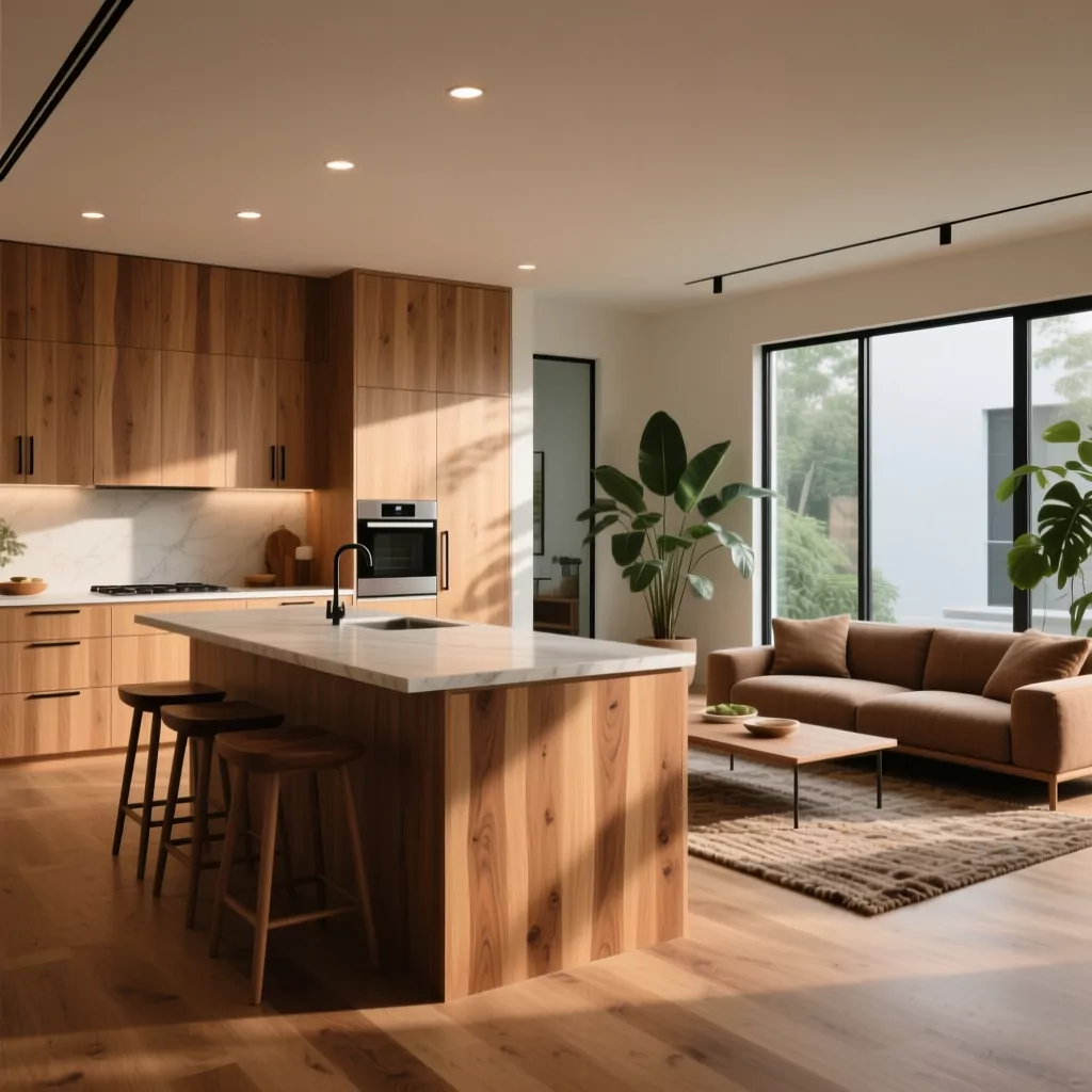 Nhà bếp đẹp đơn giản liên thông phòng khách