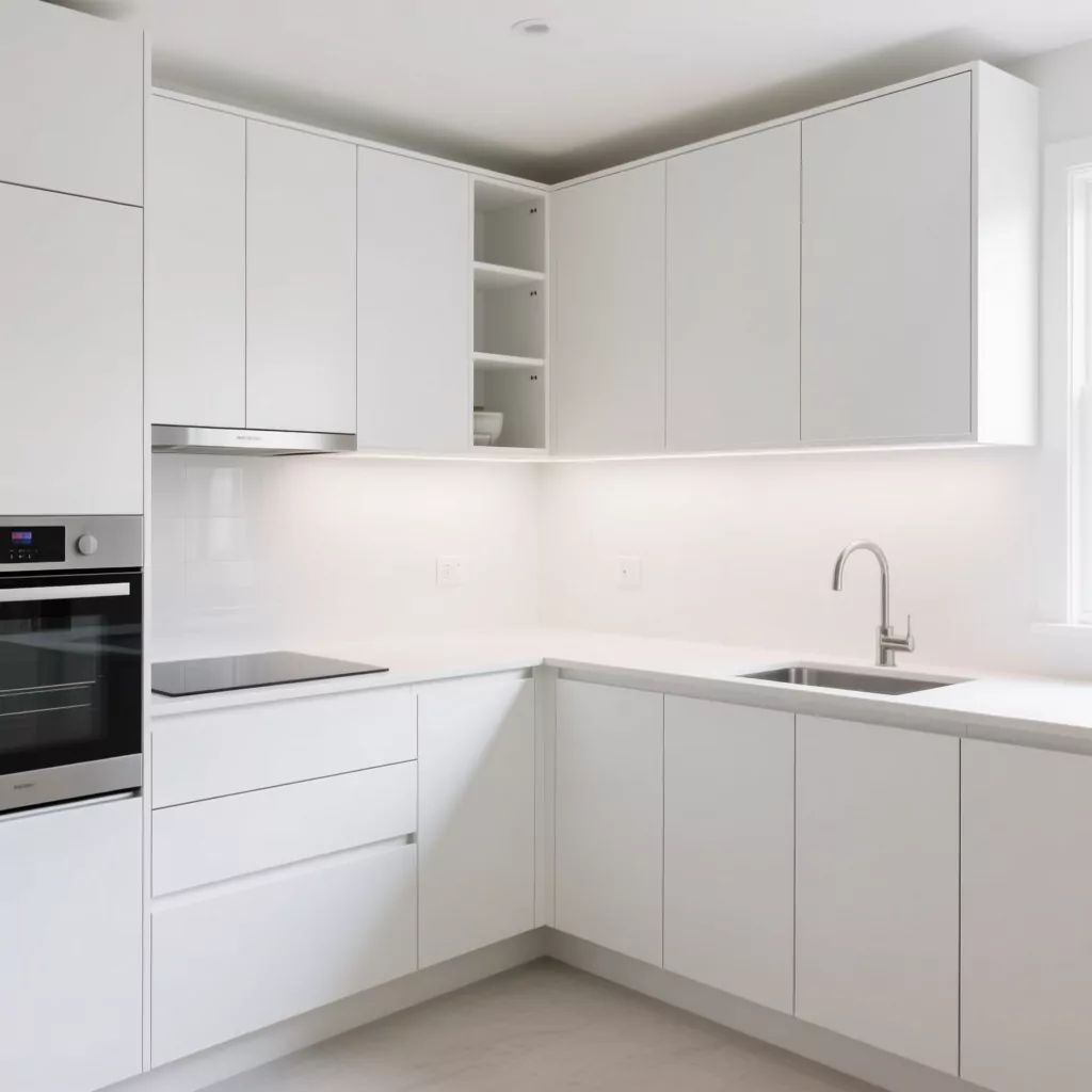 Nhà bếp đẹp đơn giản màu trắng tối giản