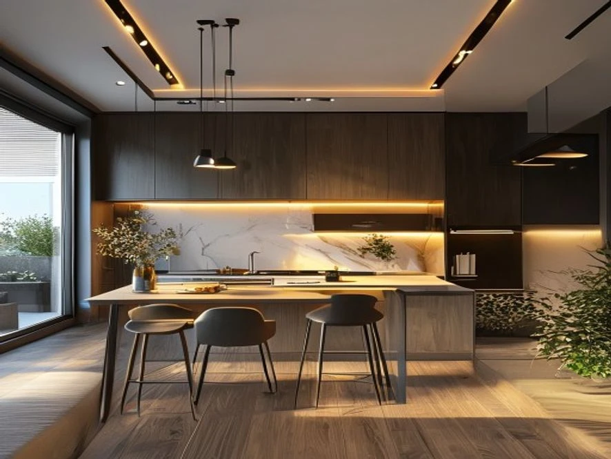 Phòng bếp liền kề phòng khách 25m2 thiết kế hiện đại