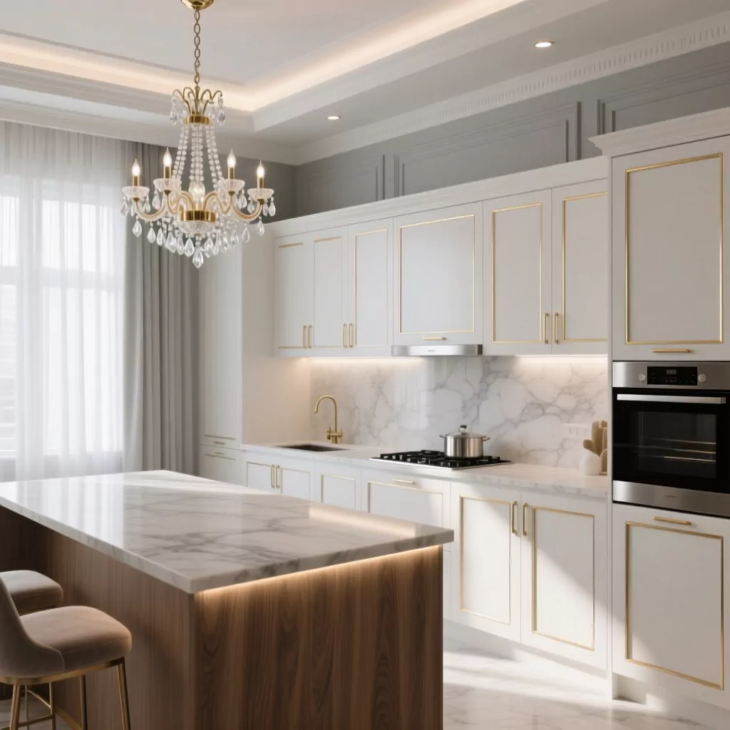 Thiết kế bếp nhà ống chữ I cổ điển tinh tế