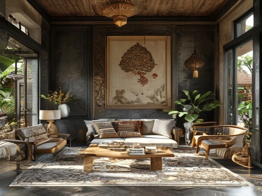 Phong cách Đông Dương nội thất phòng khách 30m2
