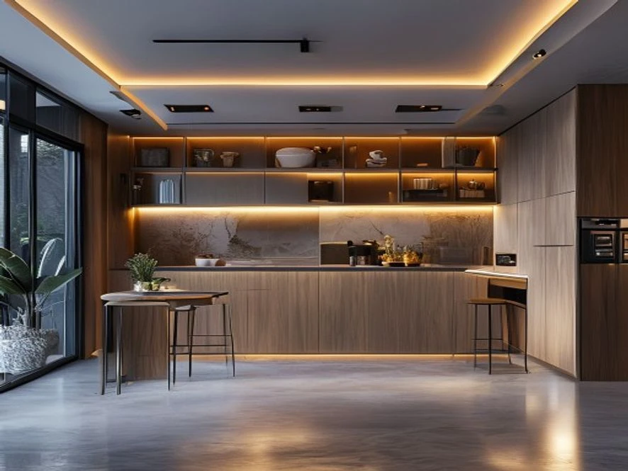 Phong cách hiện đại trong nội thất phòng bếp 25m2 với hệ thống đèn LED ẩn và tủ bếp thông minh