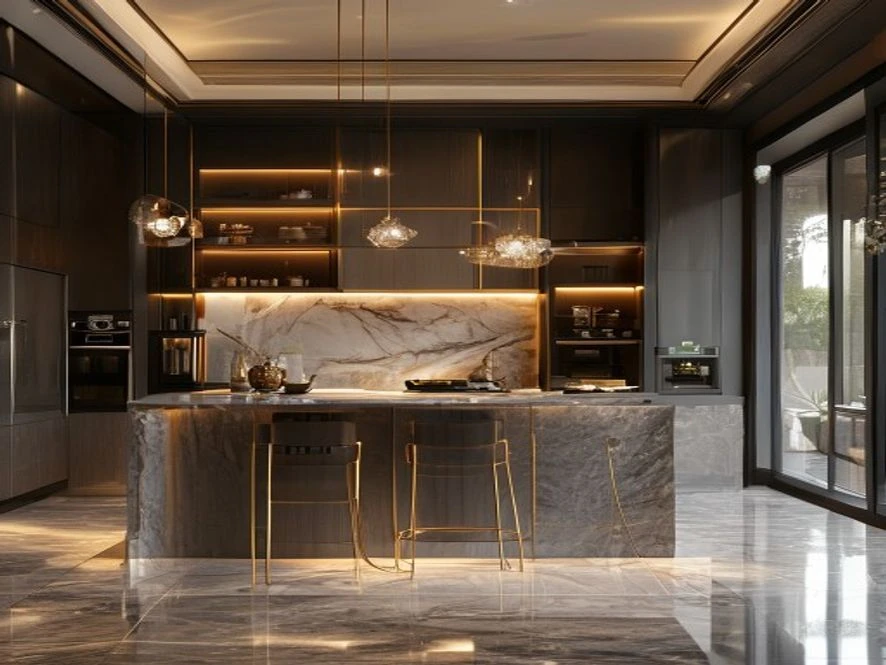 Phong cách sang trọng trong mẫu nội thất phòng bếp 12m2 đẹp
