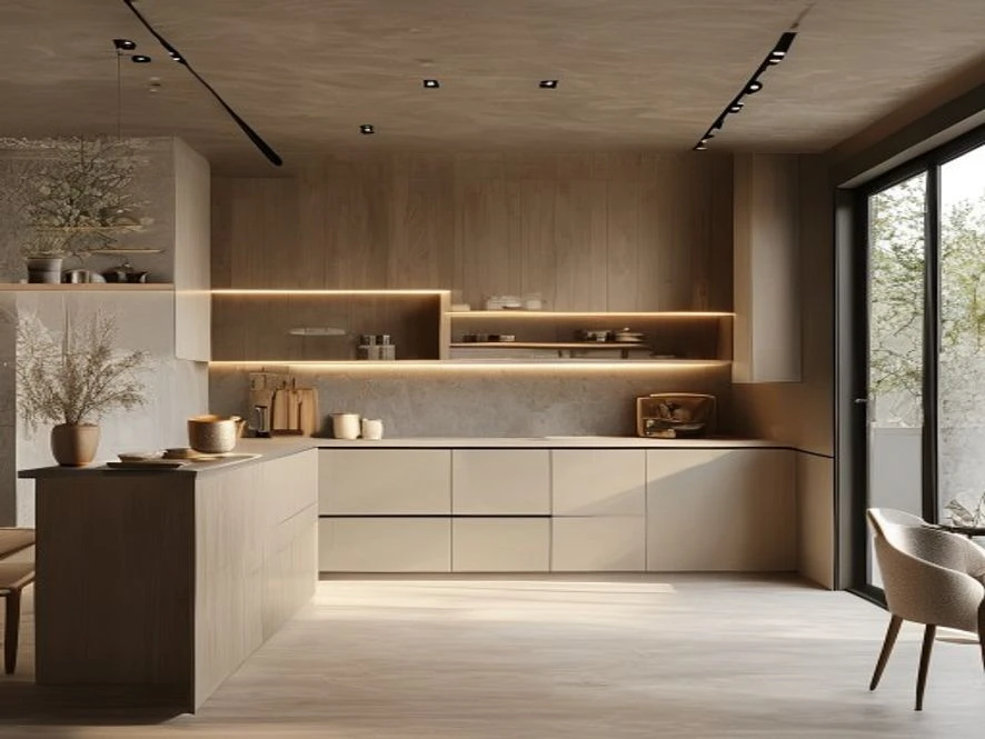 Phong cách tối giản trong nội thất phòng bếp 25m2 với hệ thống lưu trữ ẩn và tông màu trung tính