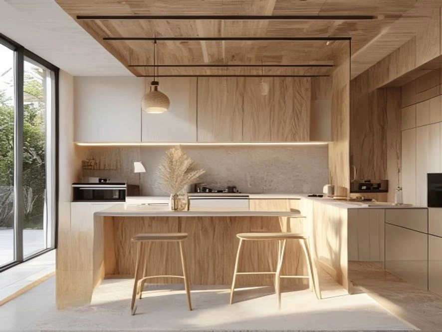 Phong cách tối giản trong nội thất phòng bếp 25m2 với tông màu trắng và gỗ tự nhiên