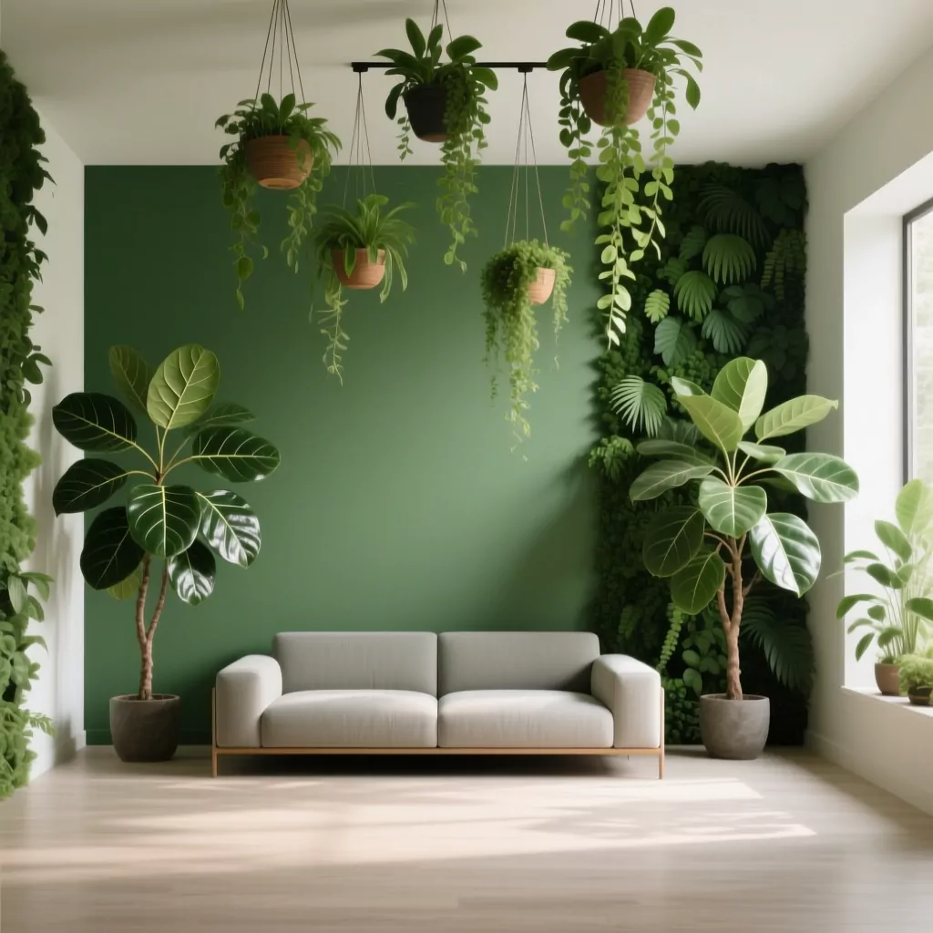Nội thất phòng khách biệt thự tối giản với cây xanh