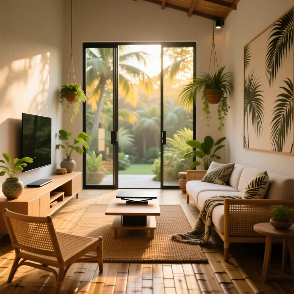 Phòng khách biệt thự phong cách Tropical xanh mát