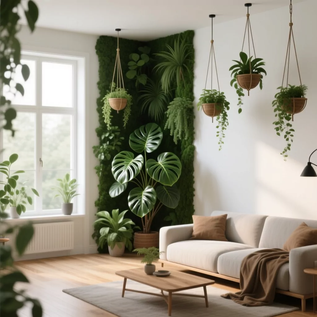 Nội thất phòng khách biệt thự kết hợp cây xanh tươi mát