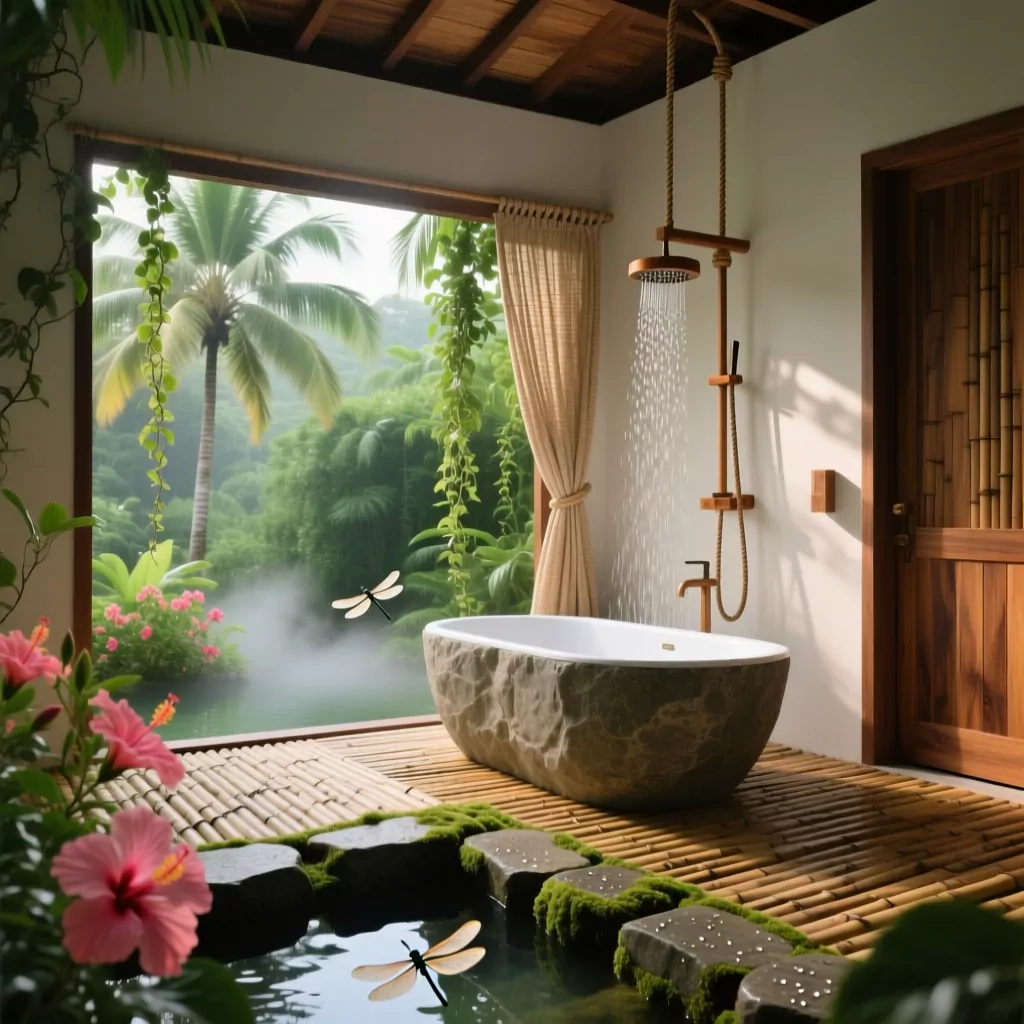 Nội thất phòng khách nhà cấp 4 phong cách Tropical nhiều cây xanh