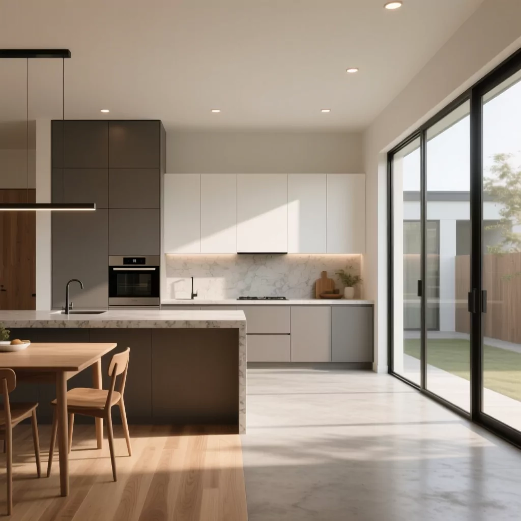 Không gian bếp liền kề phòng khách nhà cấp 4