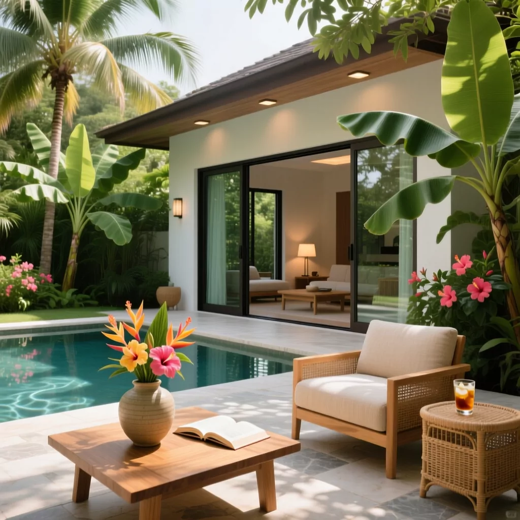 Phòng khách nhà cấp 4 đẹp phong cách nhiệt đới
