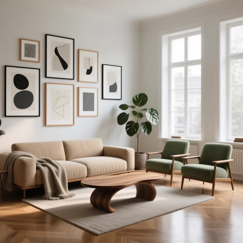 Mẫu phòng khách nhà cấp 4 phong cách Scandinavian với tranh nghệ thuật độc đáo
