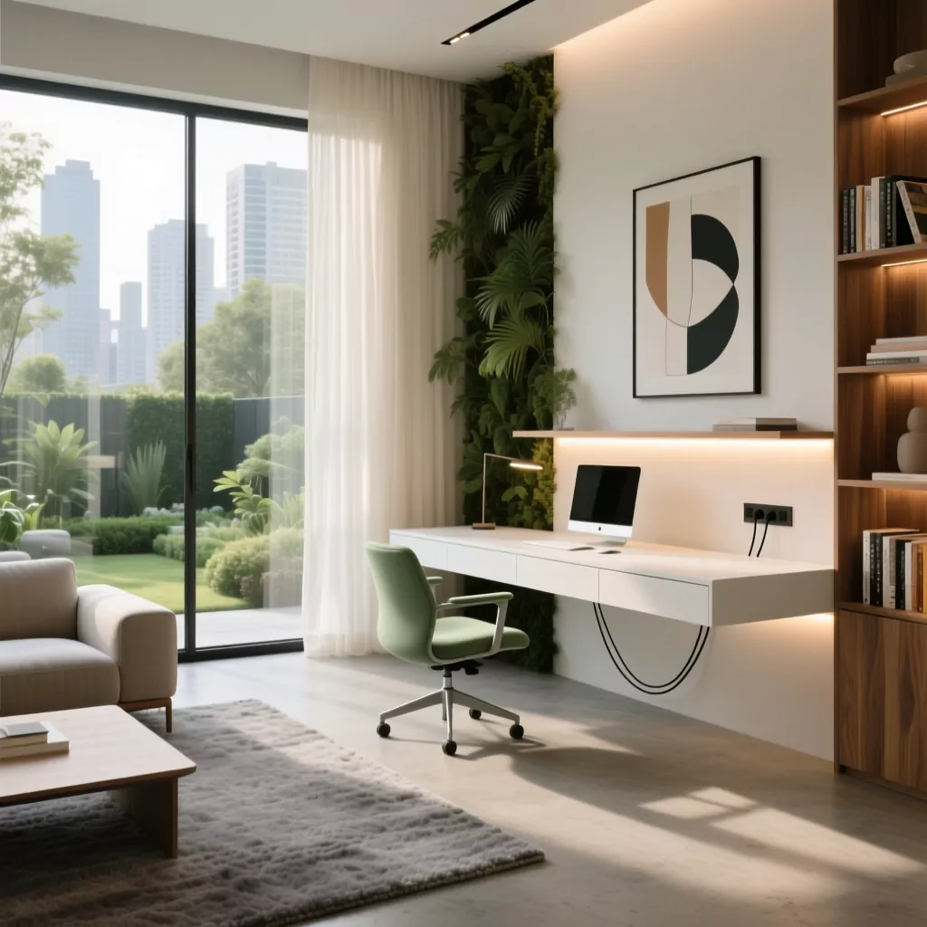 Góc làm việc kết hợp trong phòng khách nhà cấp 4 hiện đại tiết kiệm chi phí