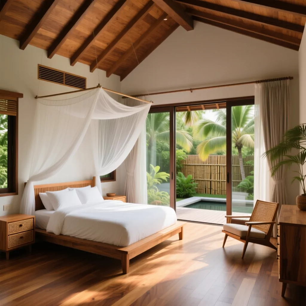 Vật liệu gỗ tự nhiên trong phòng khách nhà cấp 4 phong cách Tropical