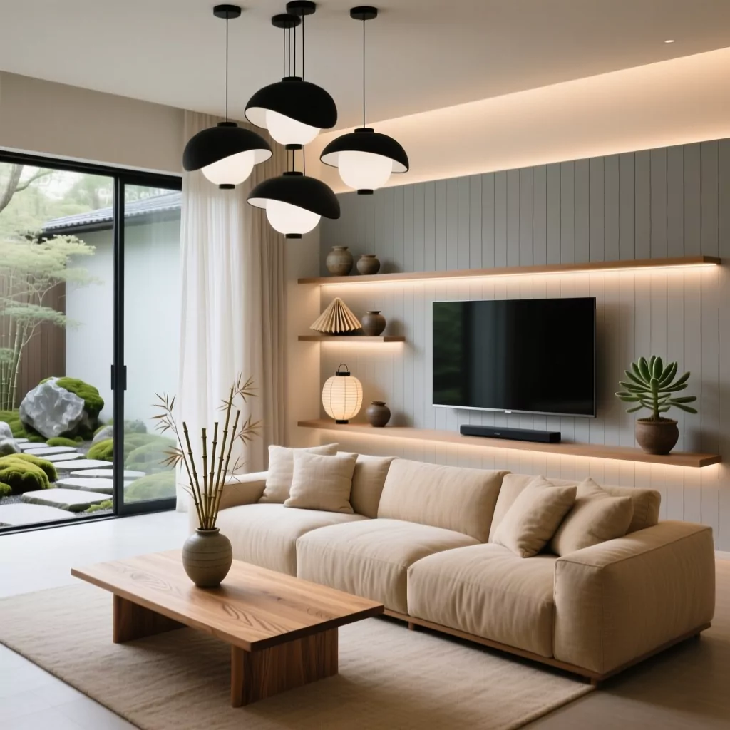 Mẫu phòng khách nhà ống đẹp phong cách Japandi liên thông bếp