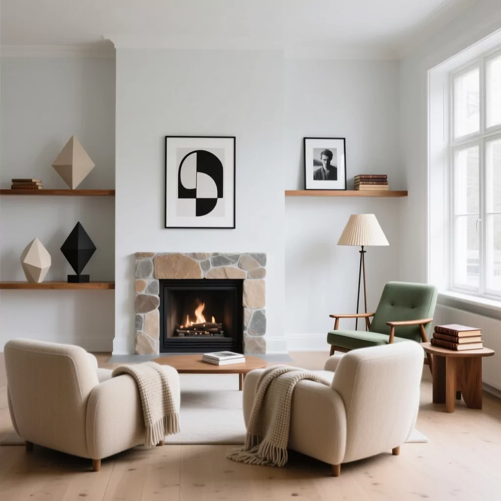Phòng khách nhà ống hiện đại phong cách Scandinavian với lò sưởi
