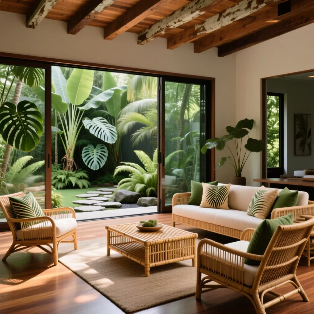 Nội thất phòng khách nhà ống phong cách Tropical gần gũi thiên nhiên