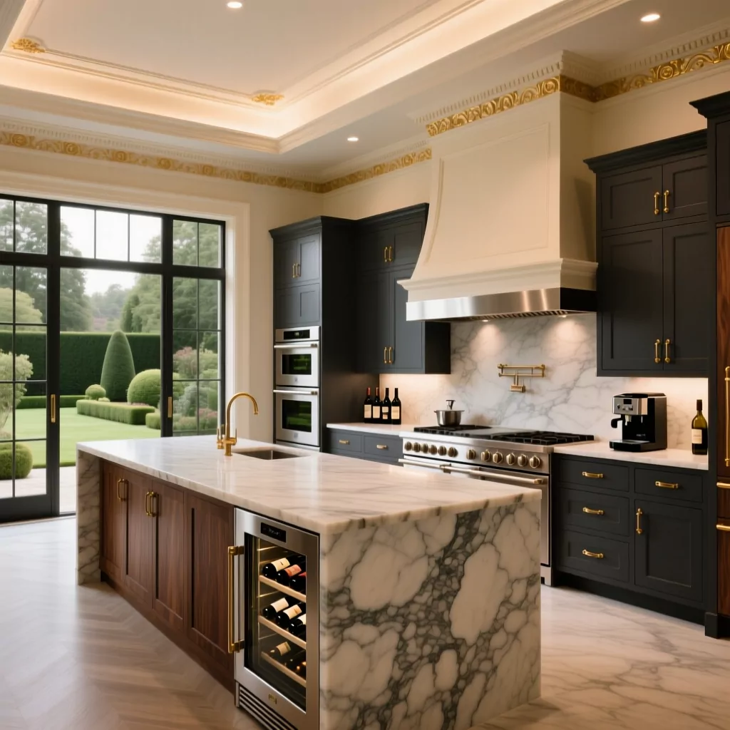Nội thất phòng khách tân cổ điển kết hợp bếp sang trọng