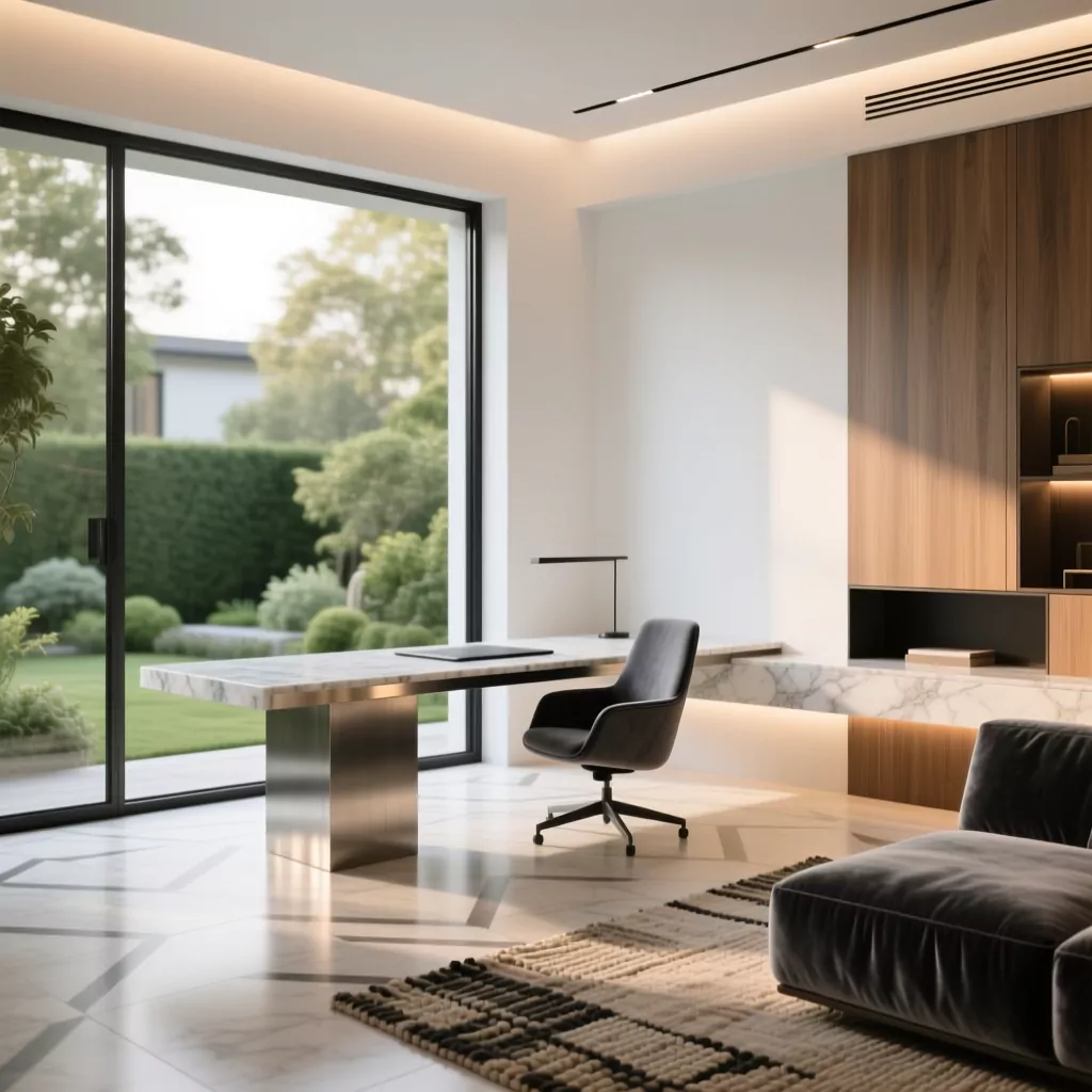 Mẫu phòng khách tân cổ điển kết hợp góc làm việc sang trọng