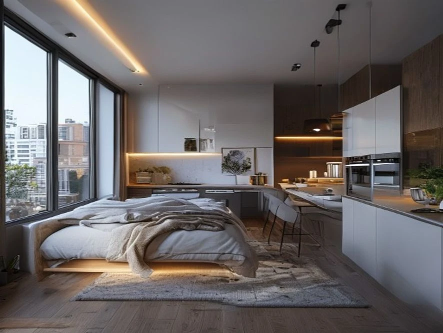 Phòng ngủ kết hợp bếp trong căn hộ studio hiện đại
