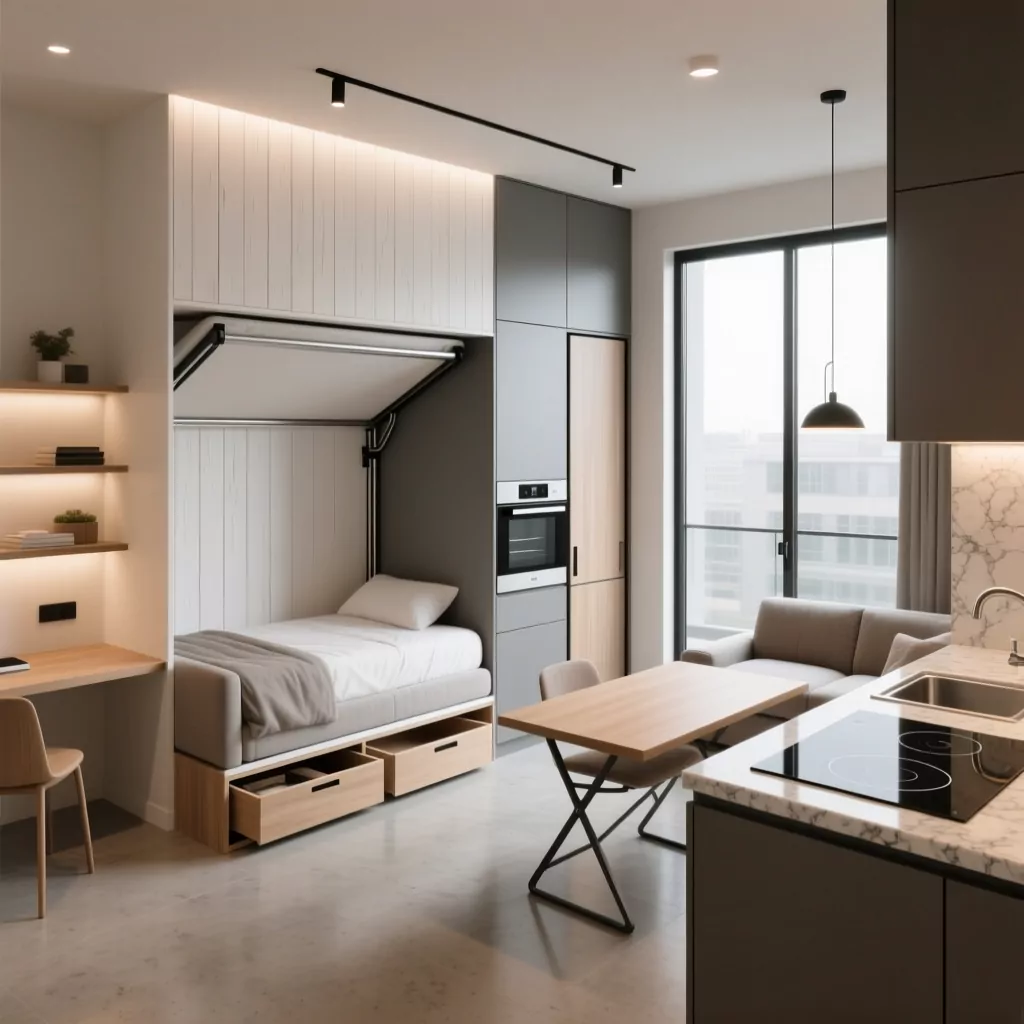 Thiết kế phòng ngủ chung cư studio liền kề bếp