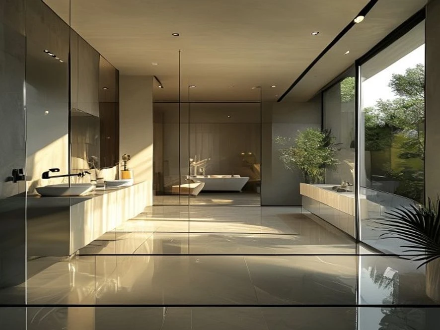 Phòng tắm kính cường lực trong mẫu nội thất phòng khách 40m2 đẹp