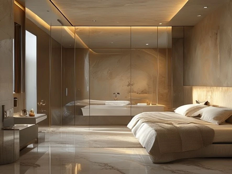 phòng tắm kính mẫu nội thất phòng ngủ 30m2 đẹp
