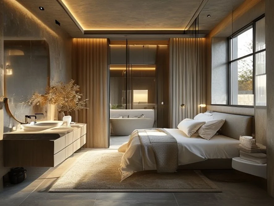 Phòng tắm riêng biệt trong mẫu nội thất phòng ngủ 15m2