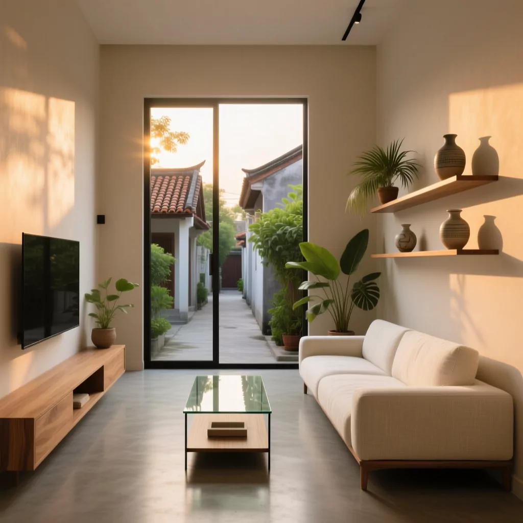 Phòng khách có bàn thờ phong cách tối giản