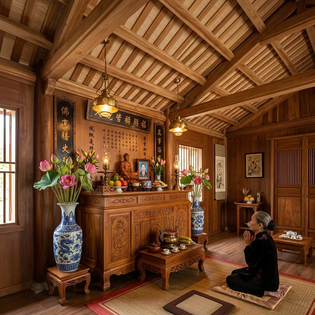 Bàn thờ phòng khách gỗ tự nhiên truyền thống