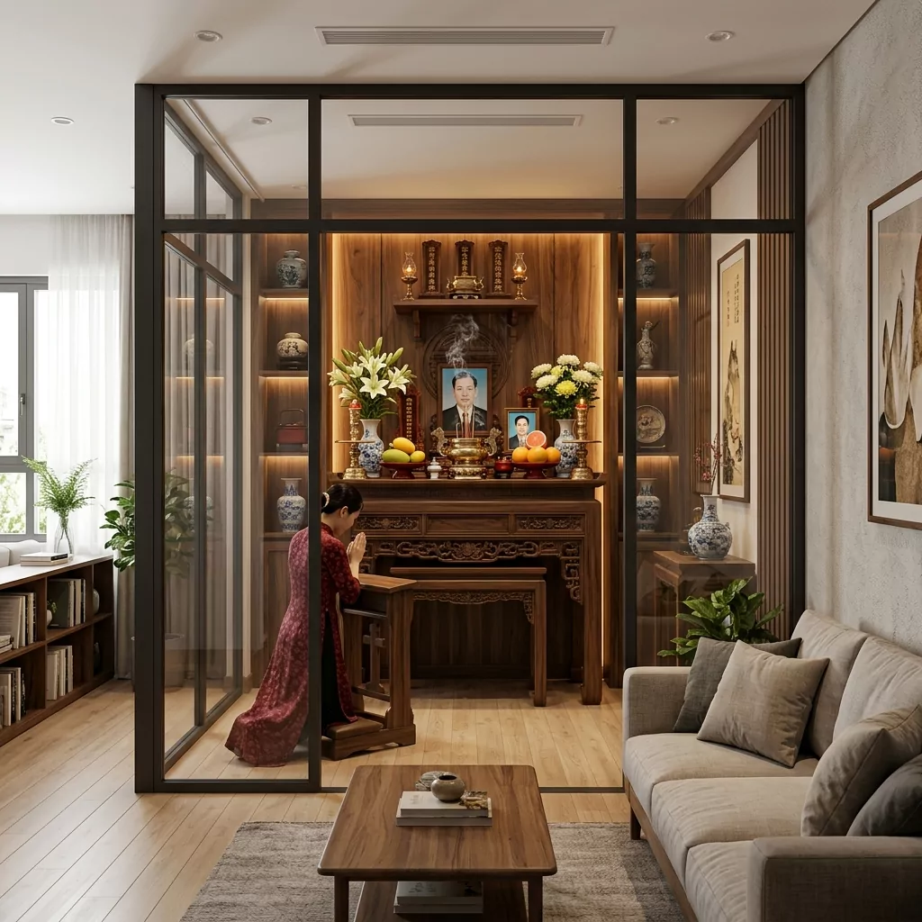 Mẫu phòng thờ kết hợp phòng khách đẹp dùng vách kính ngăn bếp
