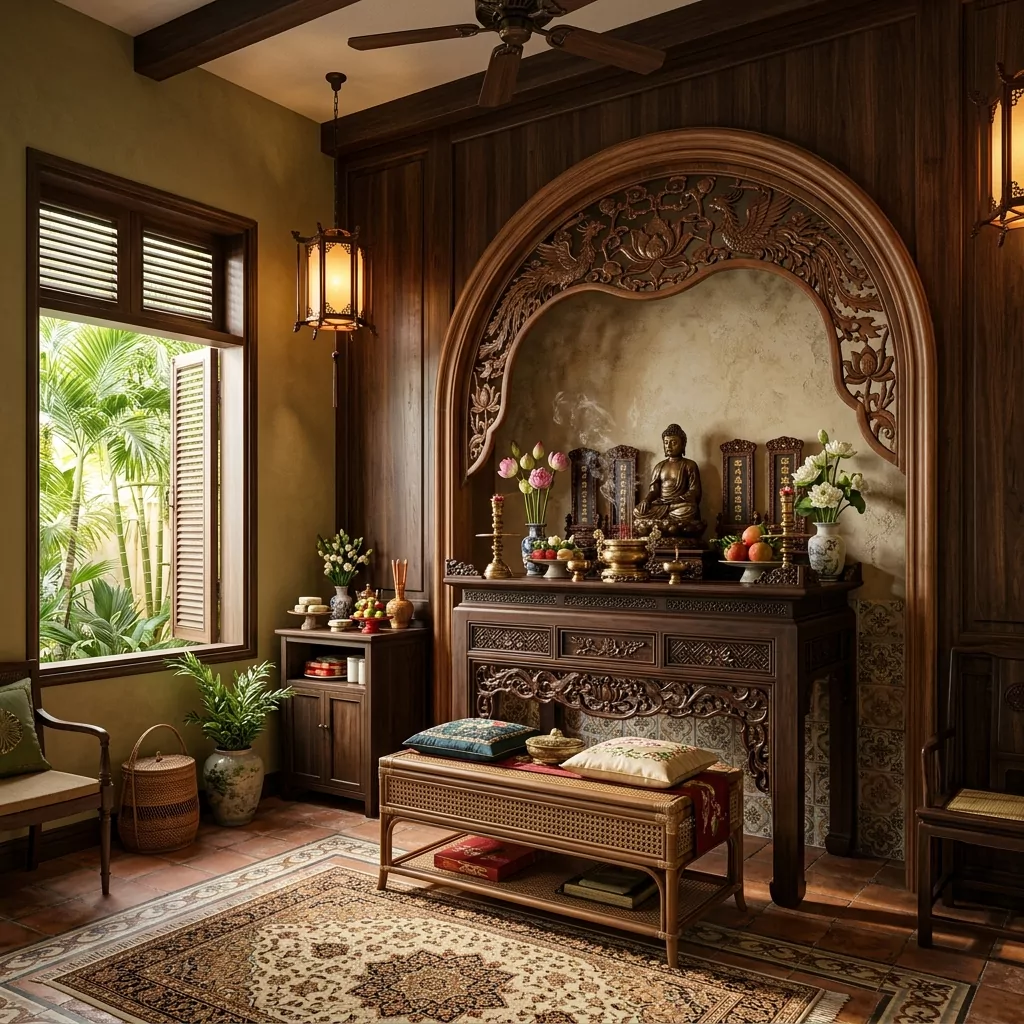 Phòng khách có bàn thờ phong cách Indochine che chắn khu vực uế khí