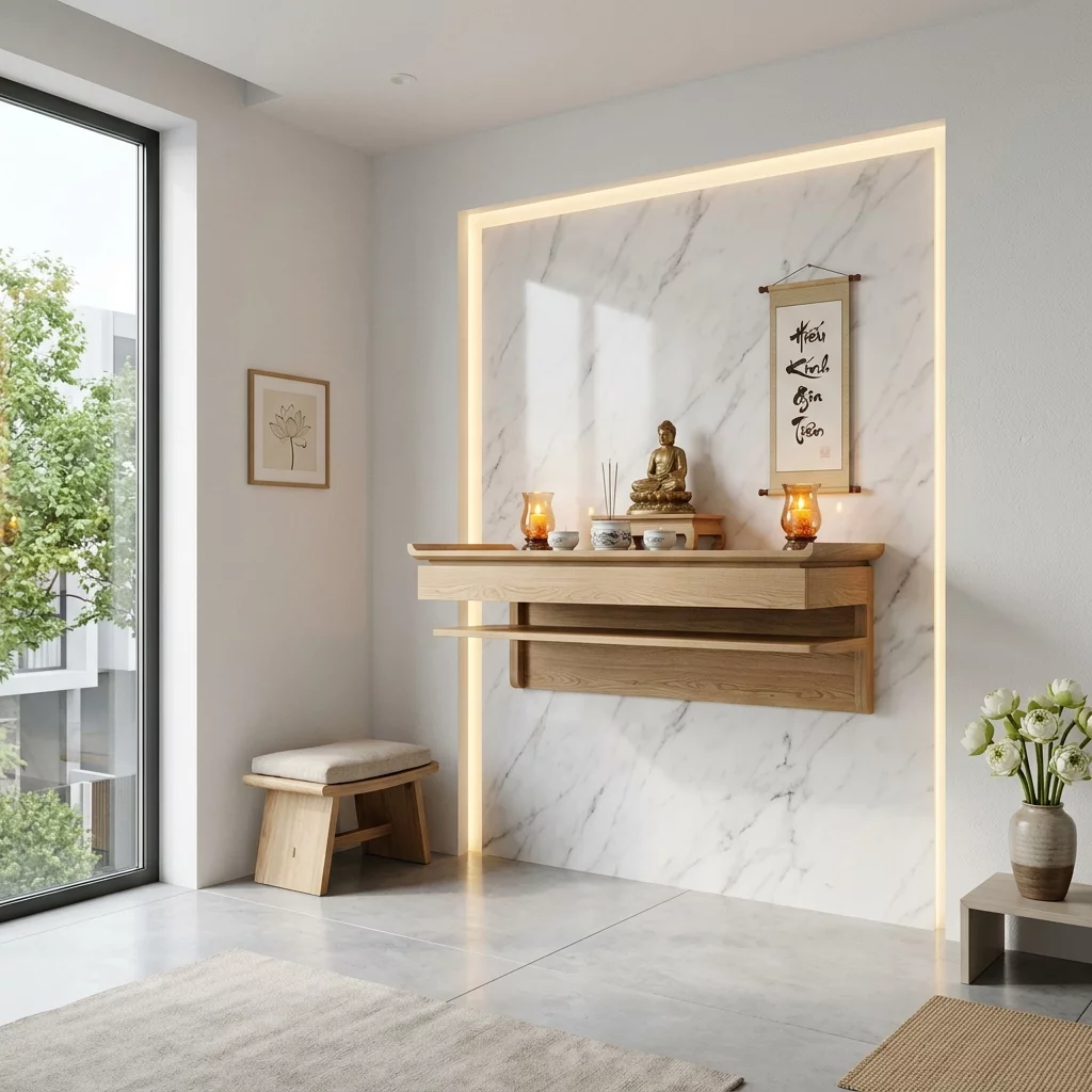 Phòng thờ kết hợp phòng khách hiện đại tối giản