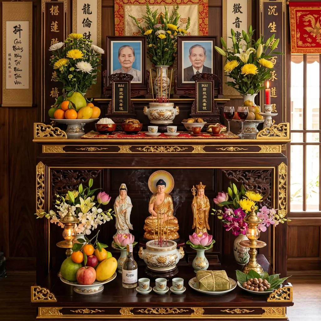 Bàn thờ 2 tầng cho phòng khách có bàn thờ