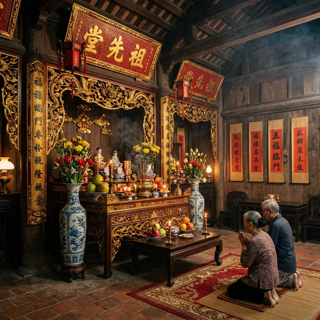 phòng thờ kết hợp phòng khách truyền thống