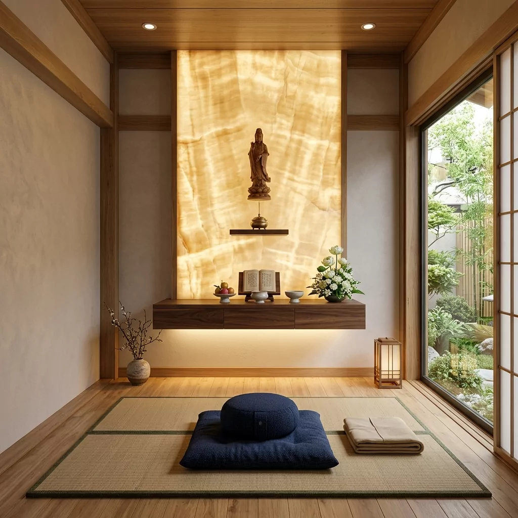 mẫu phòng thờ kết hợp phòng khách Zen đá onyx