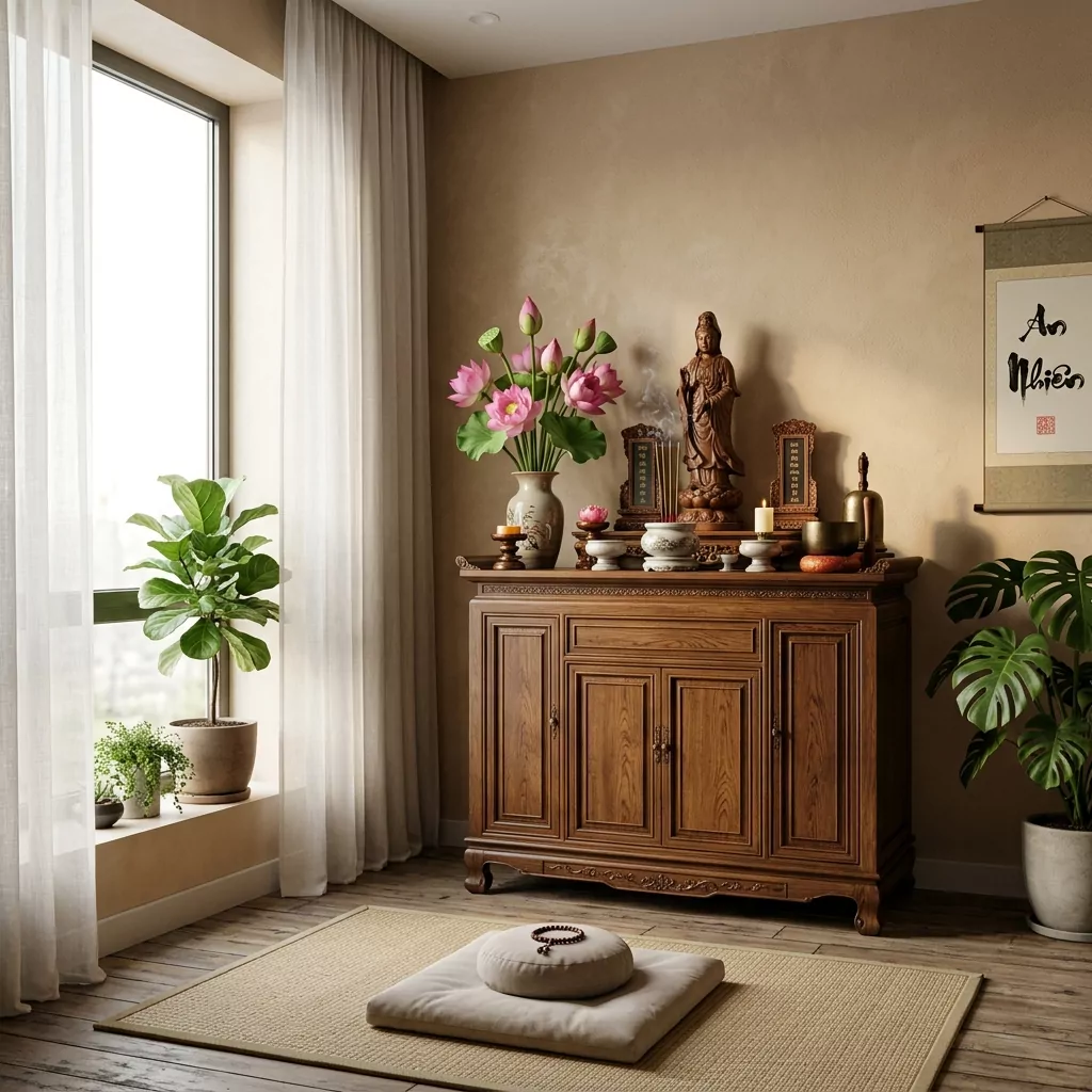 phòng khách có bàn thờ cạnh cửa sổ