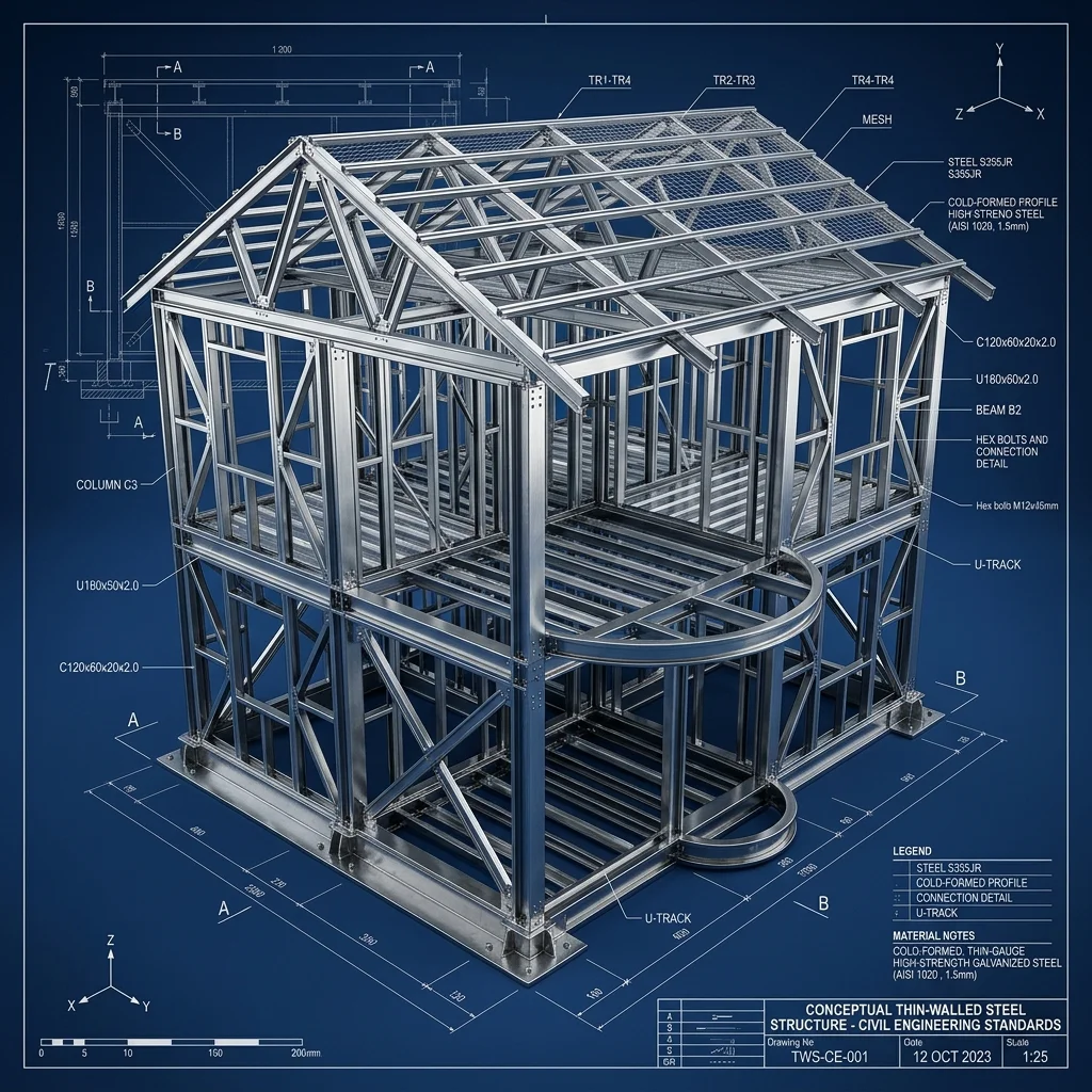 Mô hình 3D thiết kế kết cấu thép thành mỏng theo TCVN 14594:2026