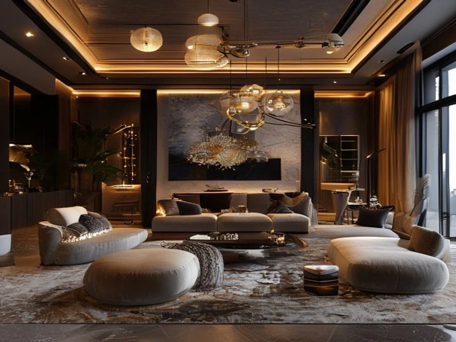 thẩm mỹ phòng khách 25m2 sang trọng với đèn trang trí