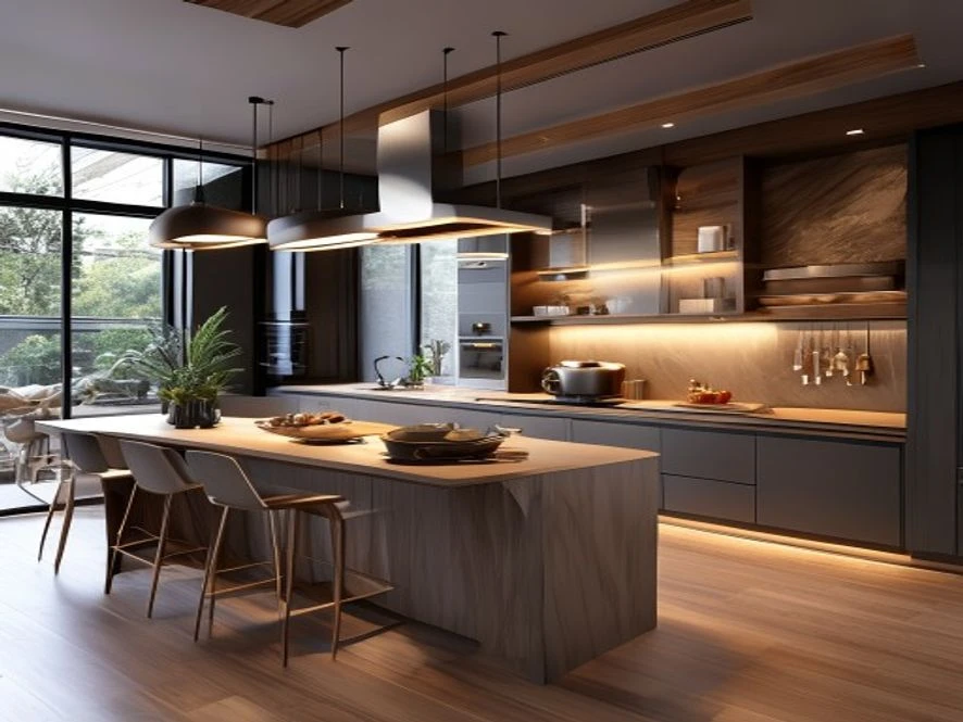 Thiết kế 3D mẫu nội thất phòng bếp 12m2 đẹp hiện đại