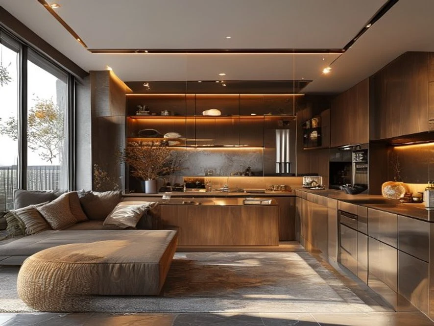 Thiết kế bếp chữ L trong mẫu nội thất phòng khách 40m2 đẹp