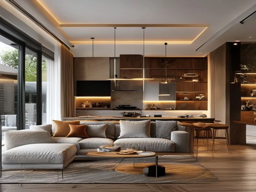 thiết kế bếp liền kề phòng khách trong thiết kế nội thất phòng khách 20m2
