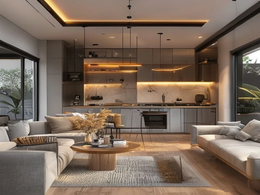 thiết kế bếp liên thông mẫu nội thất phòng khách 15m2 đẹp