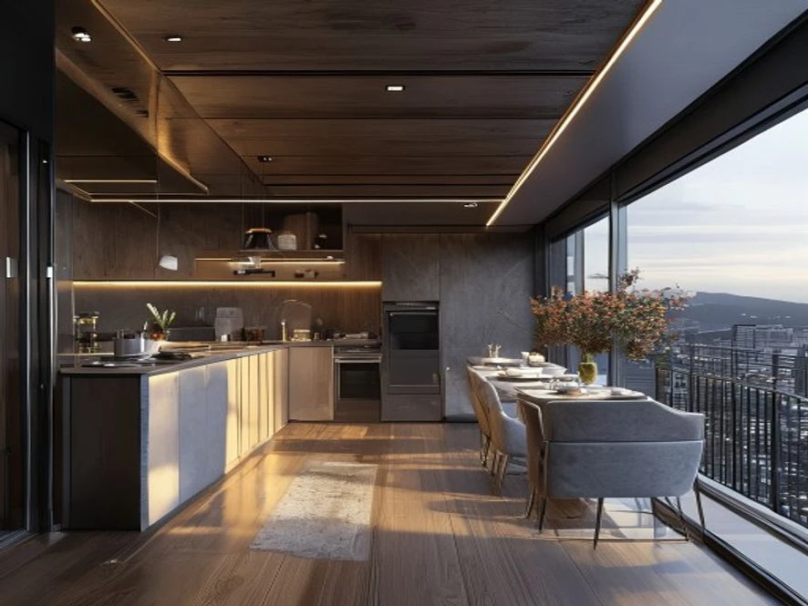 Thiết kế nội thất phòng bếp 15m2 mở ra ban công thông minh