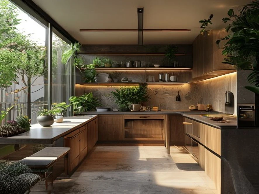 Thiết kế nội thất phòng bếp 25m2 kết hợp ban công sân vườn