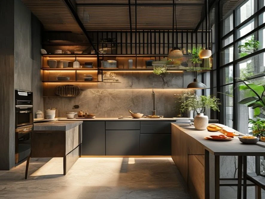 Thiết kế nội thất phòng bếp 25m2 phong cách Á Đông pha trộn