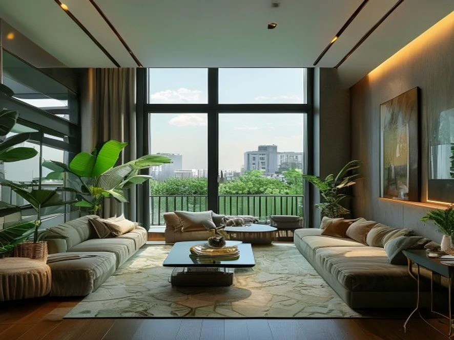Thiết kế nội thất phòng khách 40m2 kết hợp ban công xanh