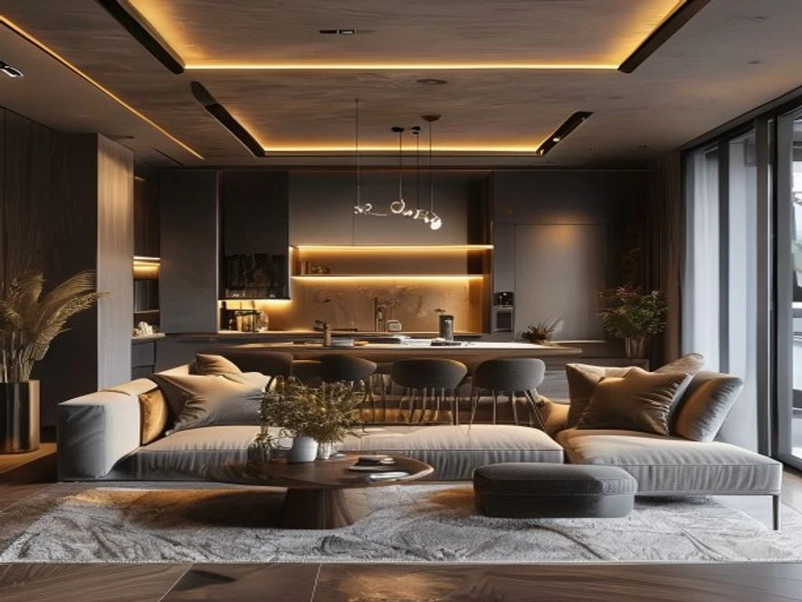 Thiết kế nội thất phòng khách 40m2 liên thông bếp hiện đại