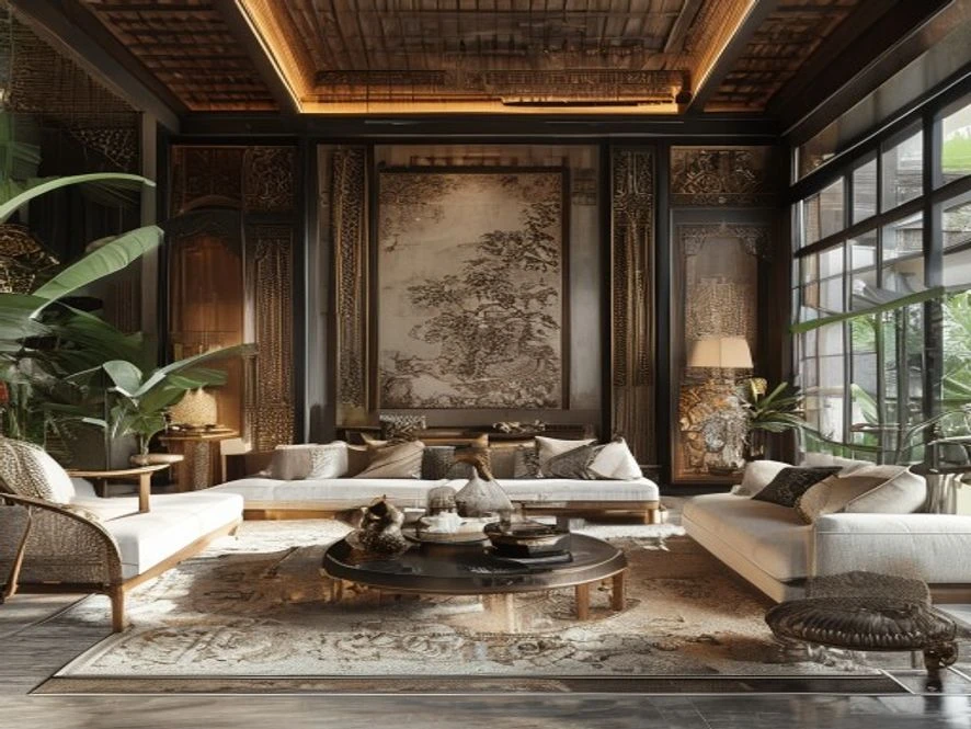 Thiết kế nội thất phòng khách 40m2 phong cách Indochine